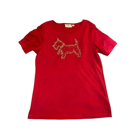 NWOT Quacker Factory Red Embellished Scotty Dog T Shirt Size Small - Picture 1 of 4